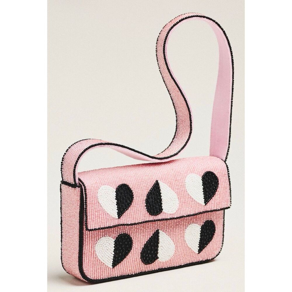 Anthropologie Fiona Beaded Shoulder Bag Pink Heart Icon Edition Glass Bead Purse - Picture 4 of 11